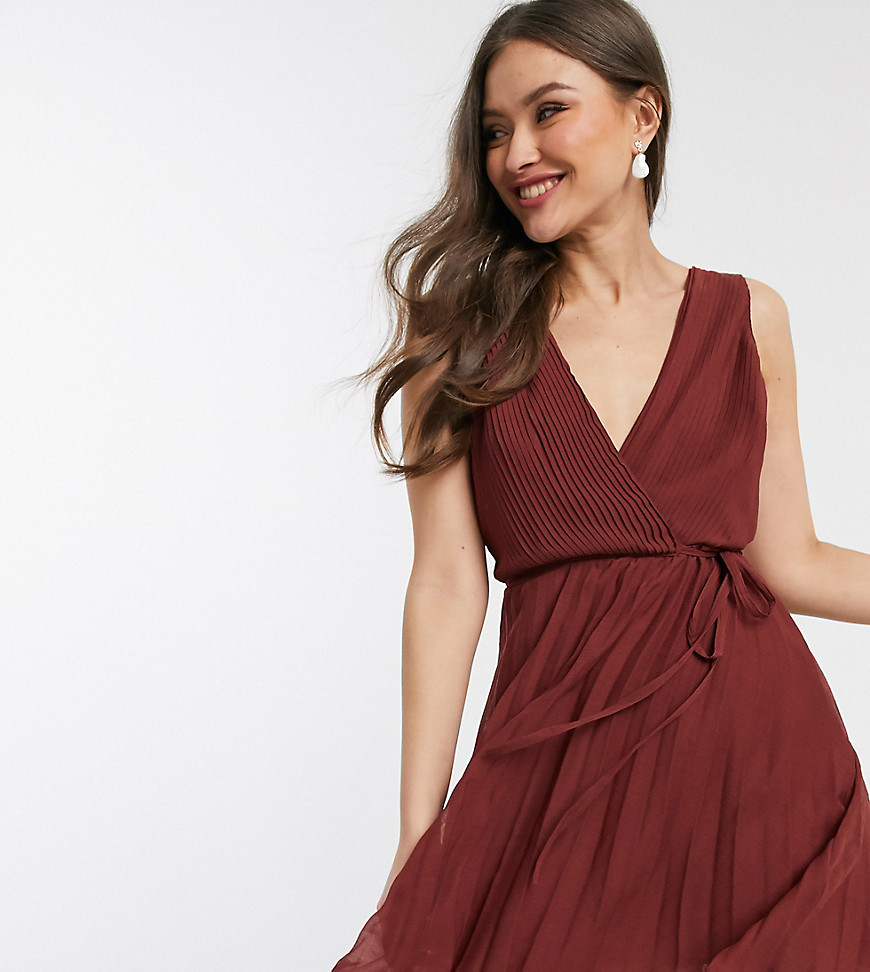 ASOS DESIGN – Miniklänning med omlottliv, knytning i midjan och plisserad kjol-Röd