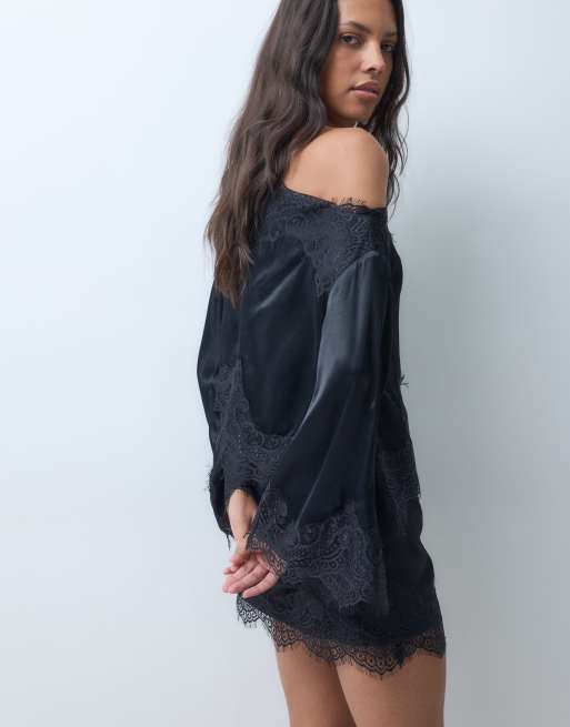 ASOS DESIGN miniklänning med spetsdetalj och bara axlar i svart, 4 av 4