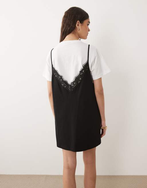 ASOS DESIGN miniklänning med spetsöverdrag och korta ärmar i vitt och svart, 4 av 4