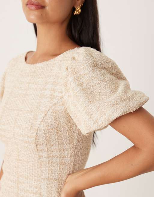 ASOS DESIGN – Minikleid aus Bouclé in Steinfarben mit gebauschtem Rockteil, 4 von 4