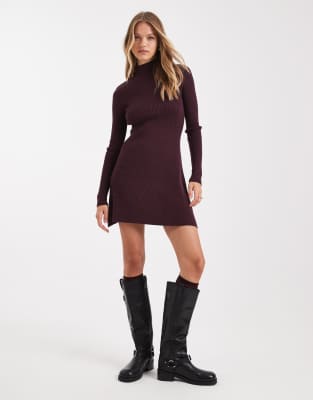 ASOS DESIGN - Minikleid aus feinem Strick in Pflaumenlila mit geripptem Detail