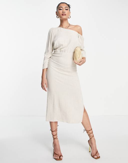 ASOS DESIGN – Minikleid aus Leinen mit abfallender Schulterpartie in Stein