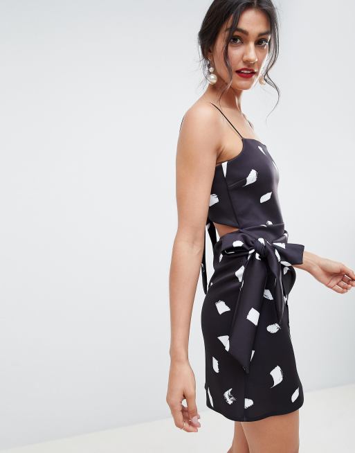 ASOS DESIGN – Minikleid aus Neopren mit Wickeldesign vorn, Schleife und schwarz-weißem Print