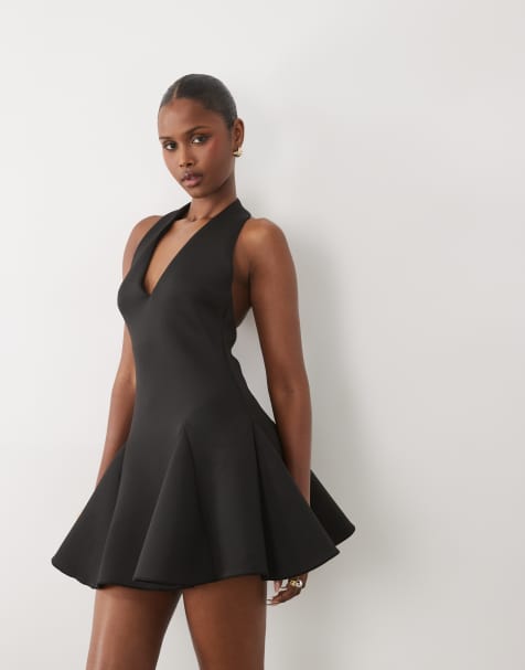 ASOS DESIGN – Minikleid aus neoprenartigem Material in Schwarz mit tiefem Ausschnitt und weitem, strukturiertem Rock - view 1