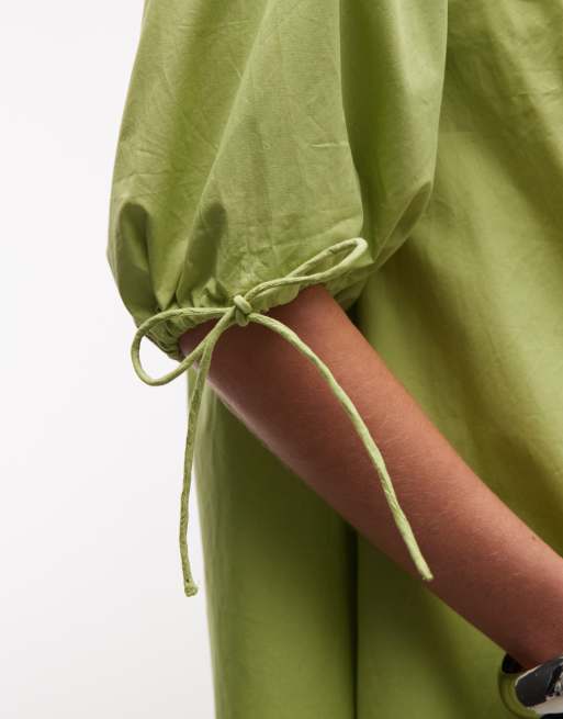 ASOS DESIGN – Minikleid aus Popeline in Grün mit U-Ausschnitt und geschnürten Ärmeln, 3 von 4