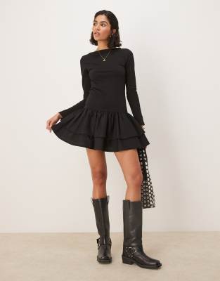 ASOS DESIGN - Minikleid aus Popeline-Mix in Schwarz mit tiefer Taille und doppelten Rüschen