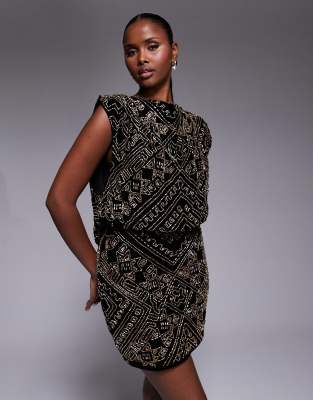 ASOS DESIGN - Minikleid aus Samt in Schwarz mit Wasserfallausschnitt und All-over-Verzierung