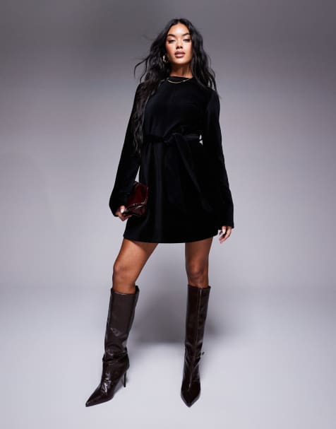 ASOS DESIGN – Minikleid aus Samtcord in Schwarz mit Bindedetail und ausgestellten Ärmeln - view 1