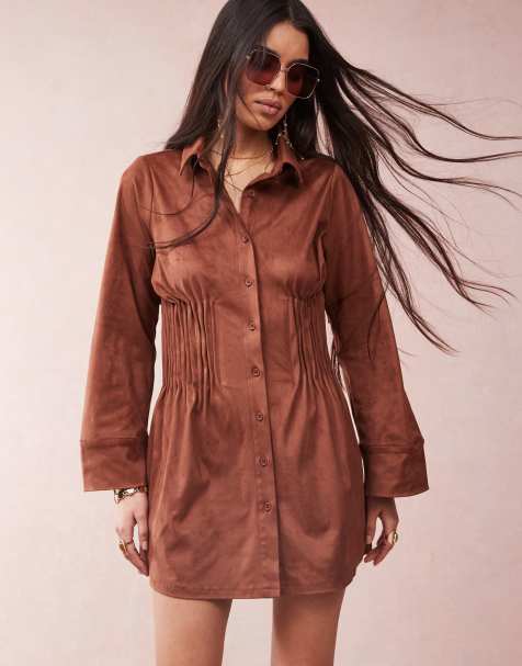 ASOS DESIGN – Minikleid aus schokobraunem Wildlederimitat mit plissierter geraffter Taille - view 1