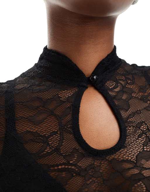 ASOS DESIGN – Minikleid aus Spitze in Schwarz mit Schlüssellochdetail, 2 von 4