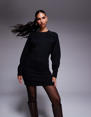 ASOS DESIGN - Minikleid aus Sweatshirt-Stoff in Schwarz mit Cocoon-Ärmeln und Ziernaht