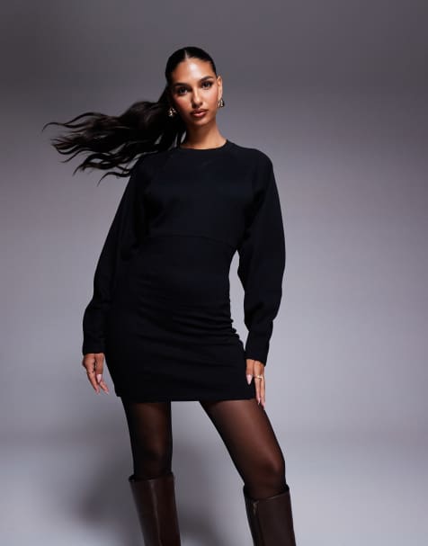 ASOS DESIGN – Minikleid aus Sweatshirt-Stoff in Schwarz mit Cocoon-Ärmeln und Ziernaht - view 1