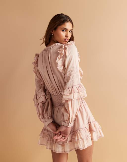 ASOS DESIGN – Minikleid aus Voile in verwaschenem Rosa mit geraffter Taille und Rüschensaum, 3 von 4