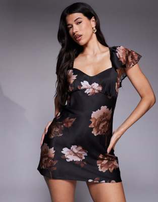 ASOS DESIGN - Minikleid für besondere Anlässe aus Satin in Schokobraun mit Blumenprint und Flatterärmeln-Bunt