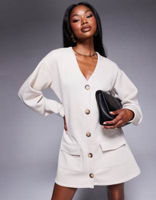 ASOS DESIGN - Minikleid in Creme mit durchgehender Knopfleiste und Kokonärmeln-Weiß