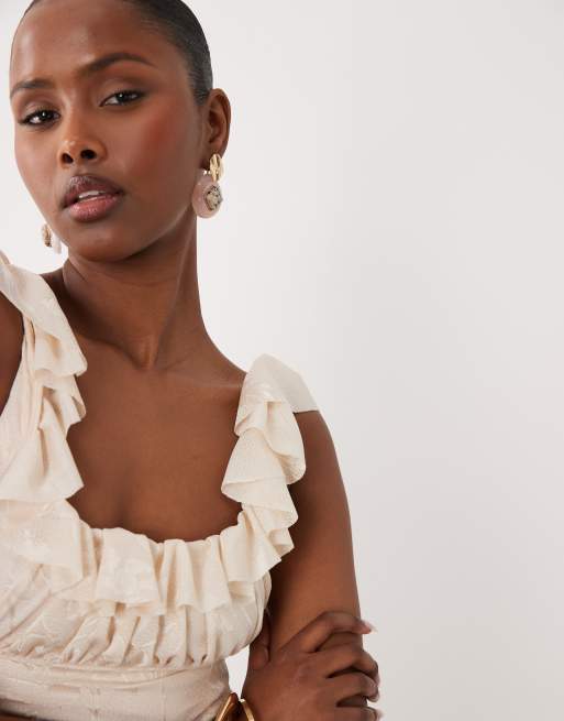 ASOS DESIGN – Minikleid in Cremeweiß mit Ausbrennermuster, eckigem Ausschnitt und Schnürung am Rücken , 3 von 4