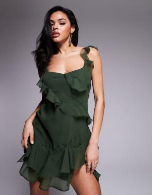 ASOS DESIGN - Minikleid in dunklem Olivgrün mit ungesäumten Rüschen und Rückenschnürung