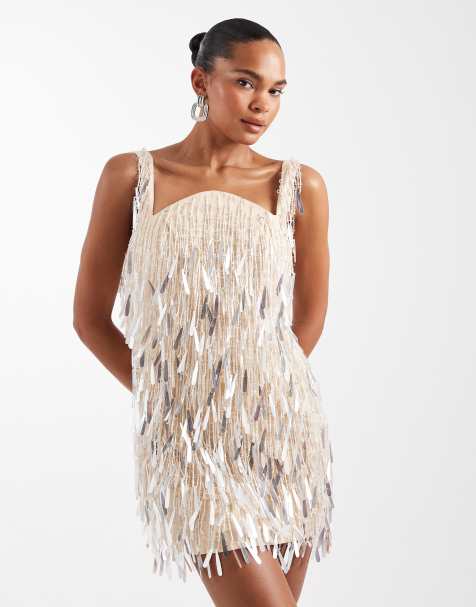 ASOS DESIGN – Minikleid in Elfenbeinweiß mit geschwungenem Ausschnitt und ganzflächiger Verzierung - view 1