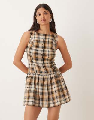 ASOS DESIGN - Minikleid in Gelb kariert mit tief angesetzter Taille, U-Boot-Ausschnitt und Knopfleiste-Bunt