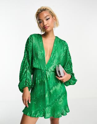 ASOS DESIGN - Minikleid in Grün mit Verzierungen und Blousonärmeln