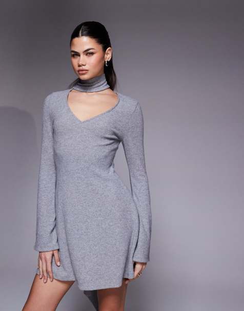 ASOS DESIGN – Minikleid in Kalkgrau mit ausgestellten Ärmeln und Schal-Detail - view 1