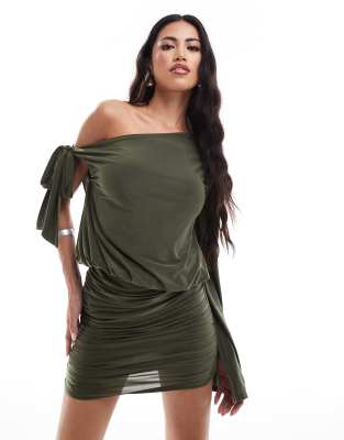 ASOS DESIGN - Minikleid in Khaki mit gebundenem One-Shoulder-Träger-Grün