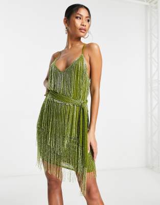 ASOS DESIGN - Minikleid in Limettengrün mit verziertem Fransenbesatz und Bindegürtel