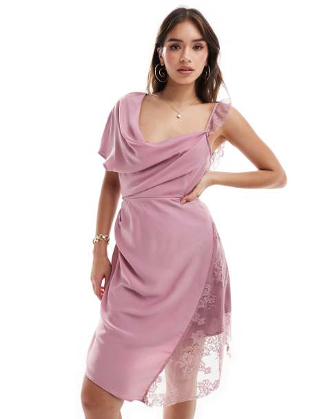 ASOS DESIGN – Minikleid in Malve mit Rankenmuster, Wasserfallausschnitt und Spitzendetail - view 1