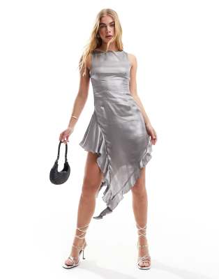 ASOS DESIGN - Minikleid in Metallic-Silber mit U-Ausschnitt hinten und Rüschensaum