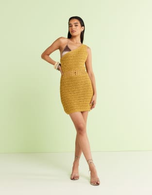 ASOS DESIGN - Minikleid in Olivgrün aus Häkelstrick mit One-Shoulder-Träger