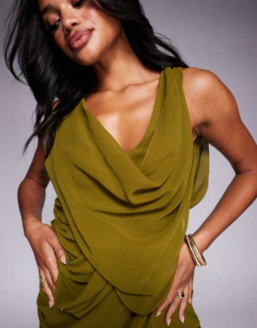 ASOS DESIGN – Minikleid in Olivgrün mit auffälliger Drapierung und Rückenausschnitt, 3 von 4