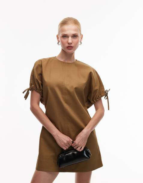 ASOS DESIGN – Minikleid in Olivgrün mit Rundhalsausschnitt und Bindedetail an den Ärmeln - view 1