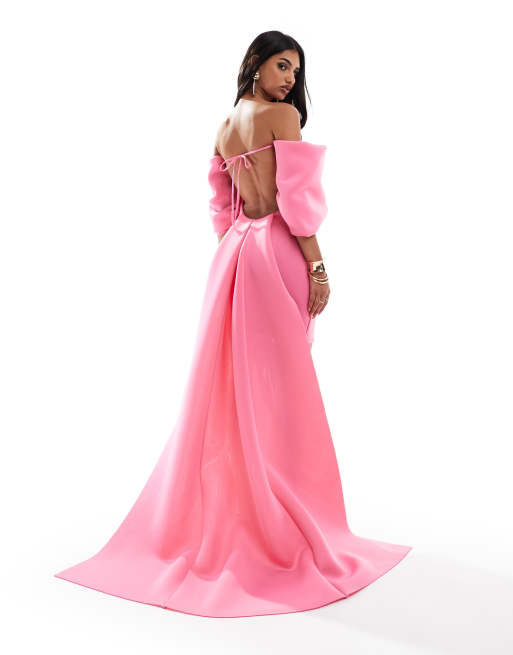 ASOS DESIGN – Minikleid in Rosa mit auffälliger Schleppe und übergroßem Schleifendetail an den Schultern, 4 von 4