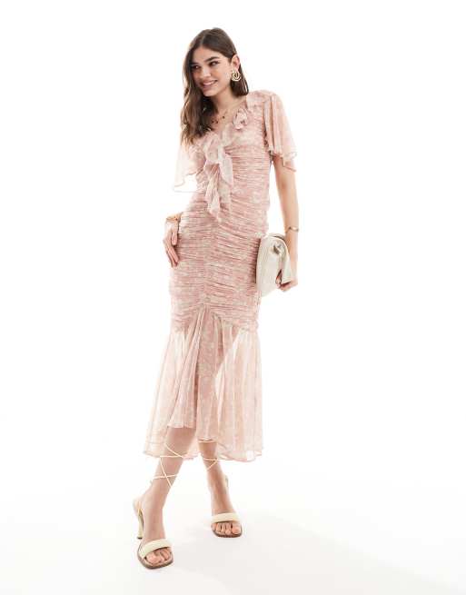 ASOS DESIGN – Minikleid in Rosa mit Blumenmuster und asymmetrischem, länglichem Saum