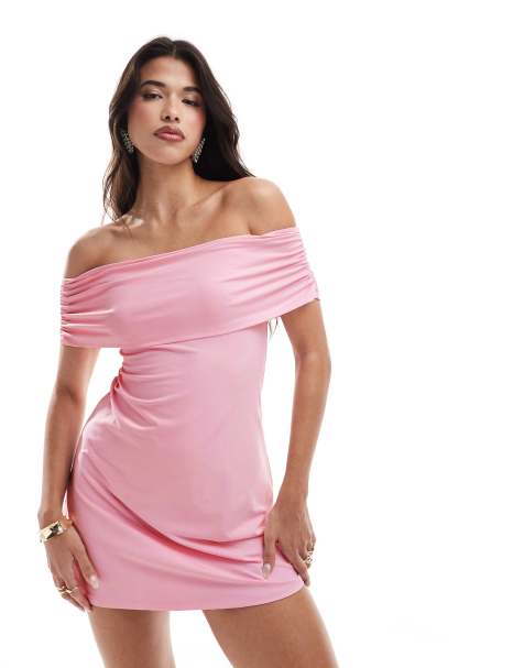 ASOS DESIGN – Minikleid in Rosa mit umgeschlagenem Carmen-Ausschnitt - view 1