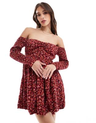 ASOS DESIGN - Minikleid in Rot mit Blümchenmuster, Ballonsaum und Bardot-Ausschnitt-Bunt