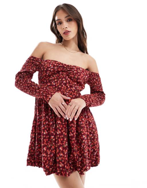 ASOS DESIGN Minikleid in Rot mit Blumchenmuster Ballonsaum und Bardot Ausschnitt ASOS