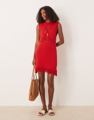 ASOS DESIGN - Minikleid in Rot mit Fransen und Maschenmuster