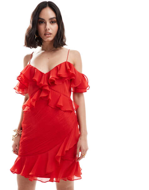 ASOS DESIGN – Minikleid in Rot mit Rüschen und Schulterausschnitten - view 1