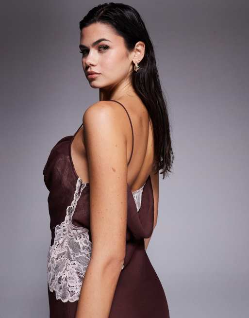 ASOS DESIGN – Minikleid in Schokobraun mit Spitzeneinsätzen und Wasserfallausschnitt, 4 von 4