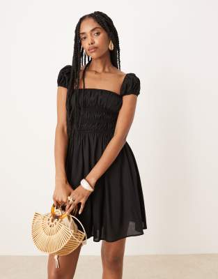 ASOS DESIGN - Minikleid in Schwarz mit eckigem Ausschnitt und geraffter Taille mit Tunnelzug