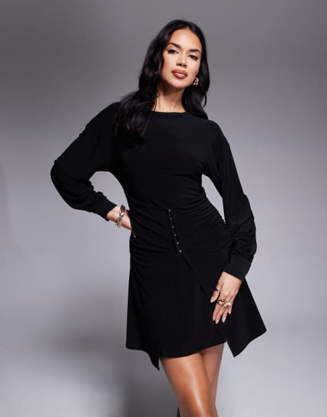 ASOS DESIGN – Minikleid in Schwarz mit geraffter Taille mit Haken- und Ösenverschluss - view 1