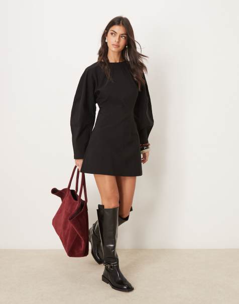 ASOS DESIGN – Minikleid in Schwarz mit geraffter Taille und Fassärmeln - view 1