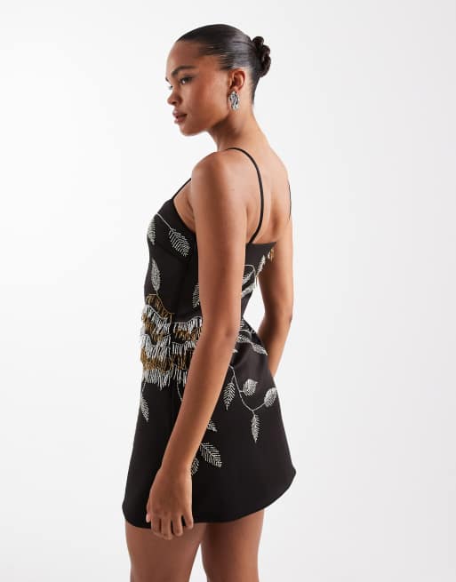 ASOS DESIGN – Minikleid in Schwarz mit Perlenverzierung in Gold, 3 von 4