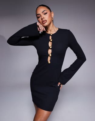 ASOS DESIGN - Minikleid in Schwarz mit Tropfenausschnitt und Knöpfen vorn