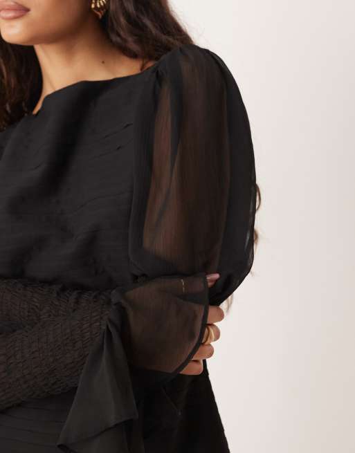 ASOS DESIGN – Minikleid in Schwarz mit U-Boot-Ausschnitt, tiefer Taille und gesmokten Ärmeln, 4 von 4