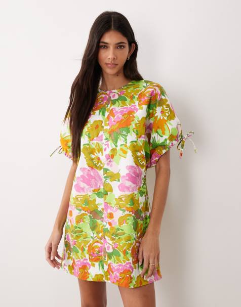 ASOS DESIGN – Minikleid mit Blumenmuster in Grün und Rosa, Rundhalsausschnitt und Bindebändern an den Ärmeln - view 1
