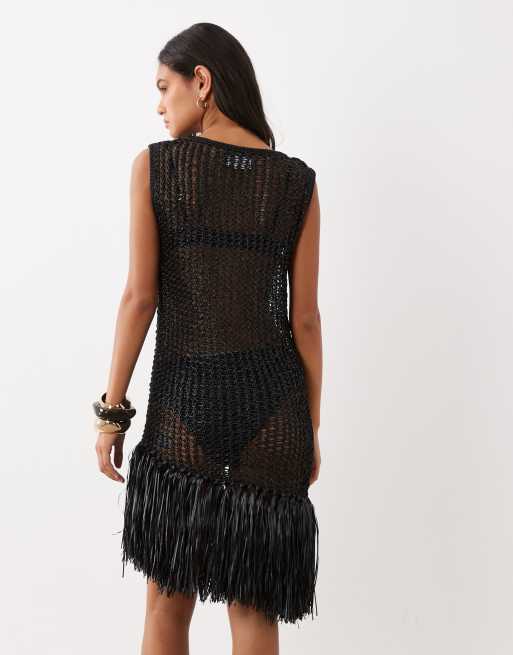 ASOS DESIGN Minikleid mit Bommel-Saum in Schwarz, 4 von 4