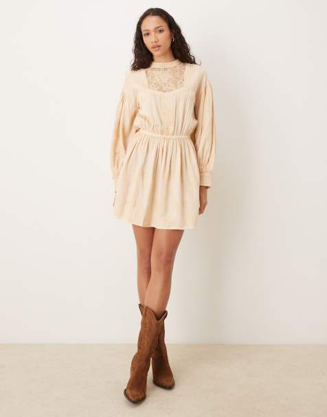 ASOS DESIGN – Minikleid mit hohem Ausschnitt, Einsätzen, Spitzenbesatz und Teefärbung - view 1