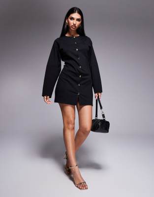ASOS DESIGN - Minikleid mit Kuppelärmeln und goldenen Knöpfen-Schwarz